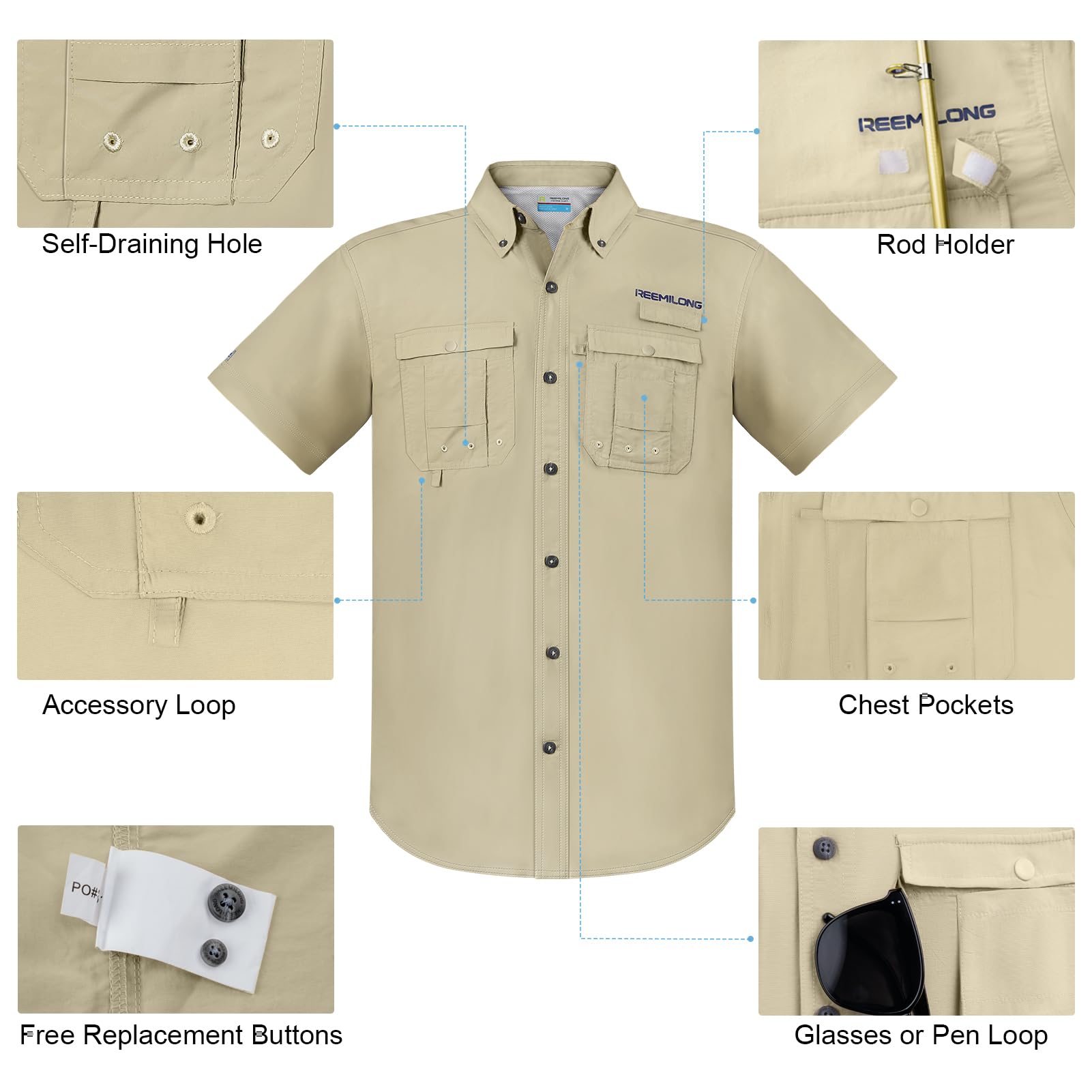 alt="Close-up of Trudave AquaShield Series men’s lightweight quick-dry fishing shirt in beige showing self-draining hole, accessory loop, chest pockets, rod holder, and pen loop design for outdoor fishing use"